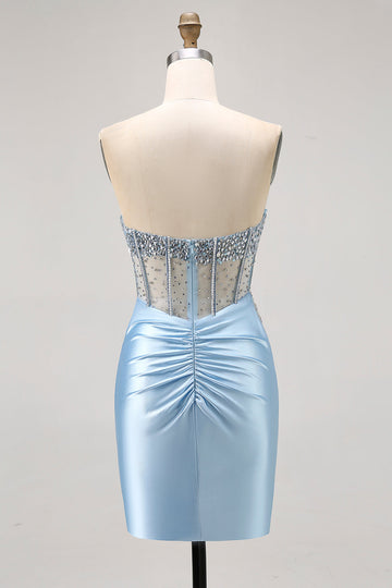 Blue Strapless Satin Beaded Corset Tight Cocktail Dress
